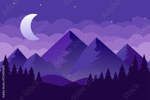 Purple mountain range with moon and trees