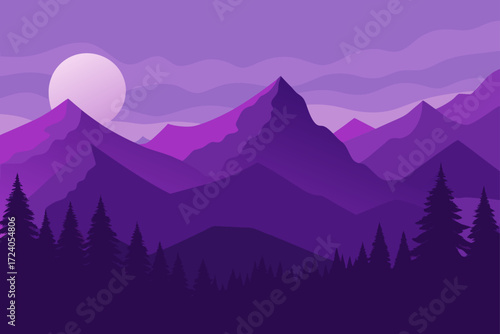 Purple mountain range with moon at night