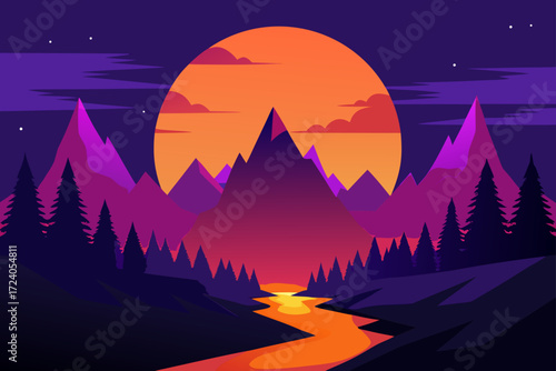 Sunset over mountain range with river view