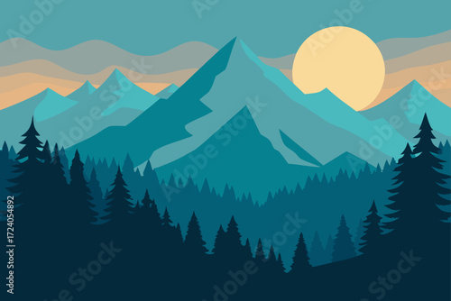 Mountain range and forest landscape scene