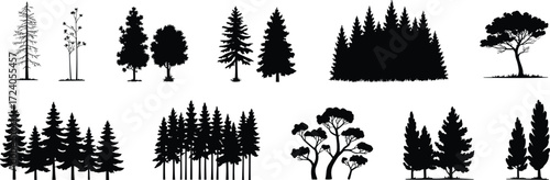 Tree silhouette illustration, various forest shapes conifers deciduous clusters welcome sign black white layout, vector clipart, nature artwork