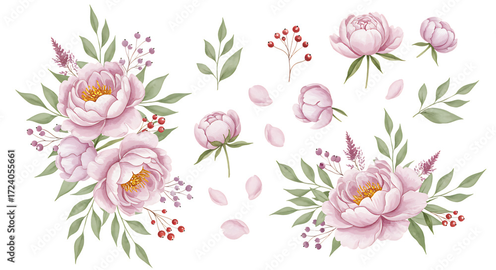 Obraz premium Illustration of watercolor pink peonies and green leaves floral elements, isolated on transparent background