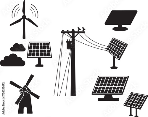  Turbines wind generator with solar panel in one line drawing illustration.
