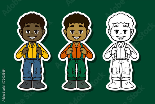 Boy gardener with backpack straps and work boots sticker illustration