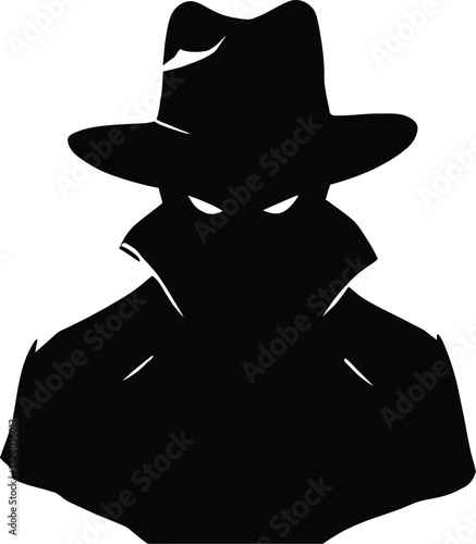 Spy Silhouette Vector – Black Fedora-Wearing Figure with Hidden Eyes for Mystery, Espionage, or Detective Themes