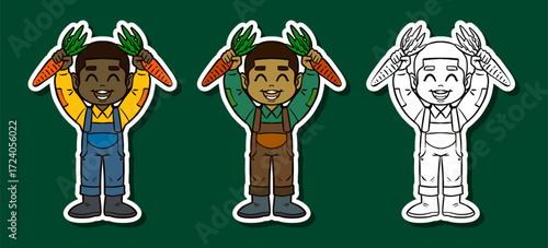 Boy gardener raising two fresh carrots sticker illustration
