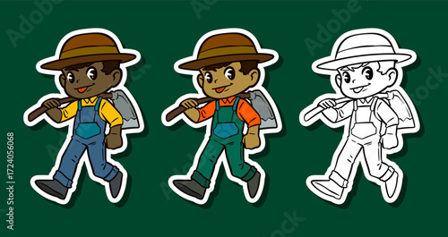 Boy gardener with straw hat carrying hoe sticker illustration
