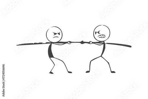 Cartoon stick figures engaged in intense tug of war challenge for dominance