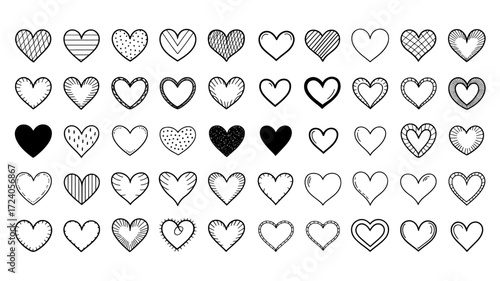 Set of 36 hand drawn hearts love Valentines day design elements Vector illustration Isolated on whit