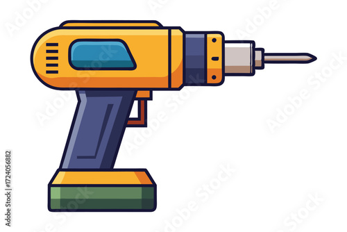 The yellow and blue cordless power drill features an angular handle with detail