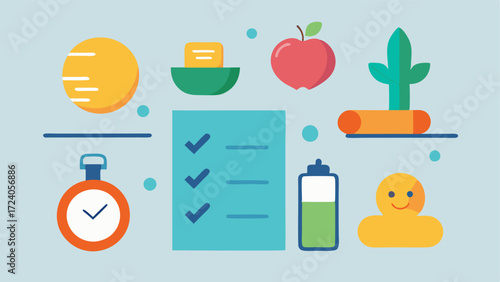 Daily Routine An illustrated checklist with items like Eat Healthy Exercise Sleep Well and Meditate representing daily habits for wellness.