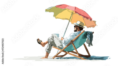 Man Sitting Chair Beach Vector Illustration