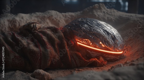 Shimmering Oval Object Wrapped in Fabric on Sandy Surface