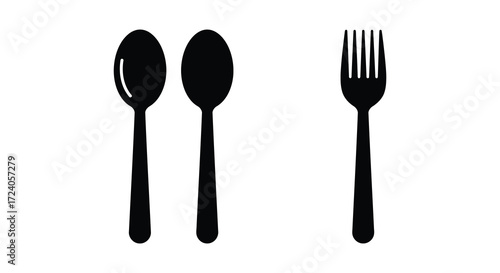 Simple black flatware illustration displaying a spoon and fork silhouette