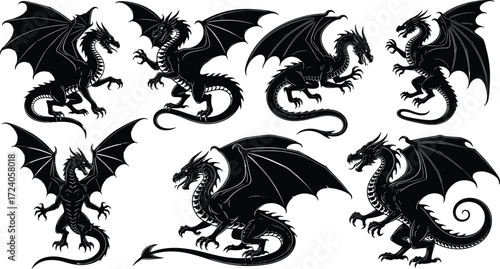 Dragon silhouette collection, mythical creature illustration, flying dragons, roaring poses, fantasy beast shapes, black design, horns, wings, claws, tails
