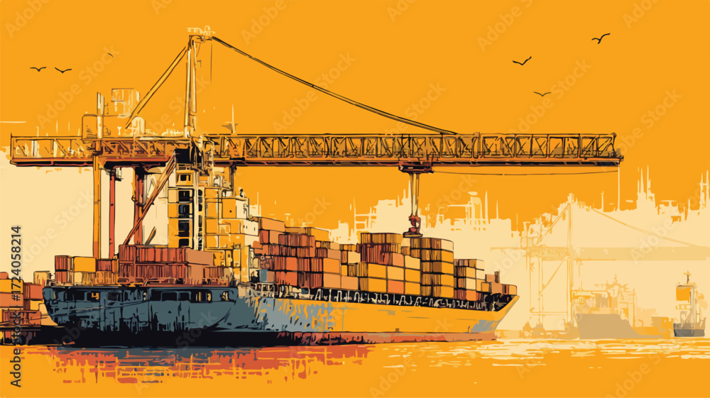 Fototapeta premium Container Ship and Crane at Port | Maritime Industry Illustration