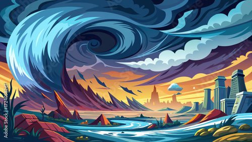 very beautiful Apocalyptic dramatic background, giant tsunami waves, dark stormy sky, Tornado. Huge waves Tsunami Big waves.