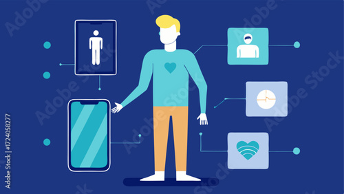 Customization An illustration showcasing a user customizing their wearable body scanner settings on a smartphone app with various health parameters highlighted.