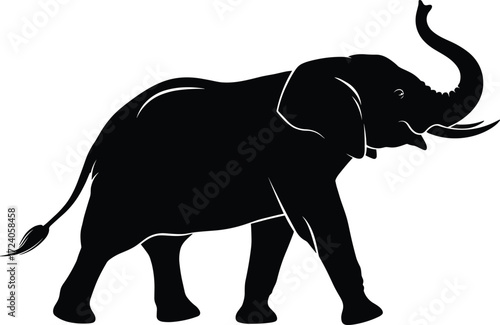 Elephant silhouette, walking pose, raised trunk, black figure, side profile, wildlife icon, nature illustration, white background, animal shape, safari theme