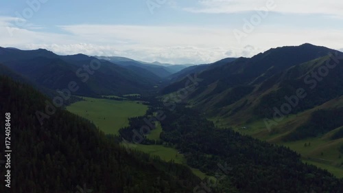 Aerial view of fields and mountains