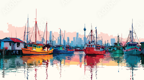 Harbor Painting with Boats and Buildings - Serene Maritime Scene