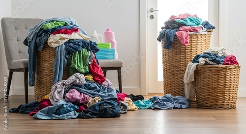 Overflowing laundry baskets signal chore day chaos, need for cleaning solutions