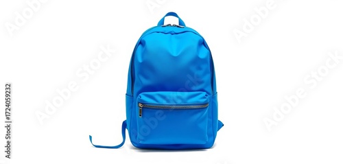 A vibrant blue backpack, unzipped and open, isolated on a pure white background, storage, school bag