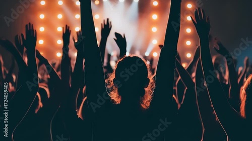 Crowd dancing energetically at a vibrant music venue during an exciting live concert event, crowd of people dancing in music venue with colourful lights