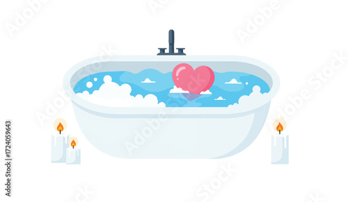 Romantic bubble bath with heart-shaped bath bomb and candles.