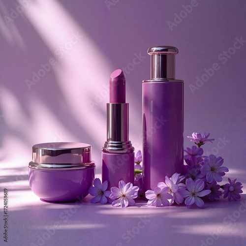 Purple cosmetic bottles with lipstick and flowers on pastel background  