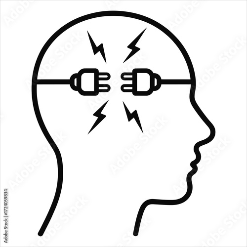 Minimalist black and white human head silhouette with connected electrical plugs and lightning bolts, symbolizing brain energy or connectivity