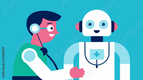 AI Health Assistant A friendly robot with a stethoscope interacting with a patient illustrating artificial intelligence support in health care.