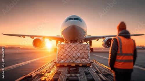 Cargo plane being loaded at sunset