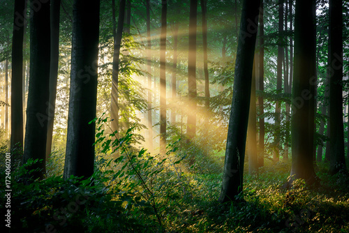 Beautiful sunny morning in green forest © Piotr Krzeslak