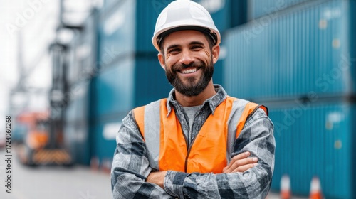 Smiling worker in a safety vest and hard hat at a shipping port.