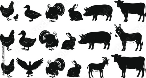 Farm animal silhouettes, livestock illustration set, black animal shapes, chickens, pigs, cows, goats, rabbits, ducks, turkeys, birds, donkeys