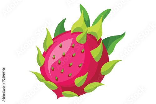 One bright pink dragon fruit is freshly displayed with numerous green leaf accents