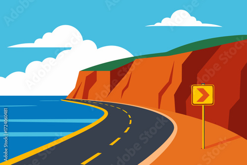 Scenic coastal road with turn sign view