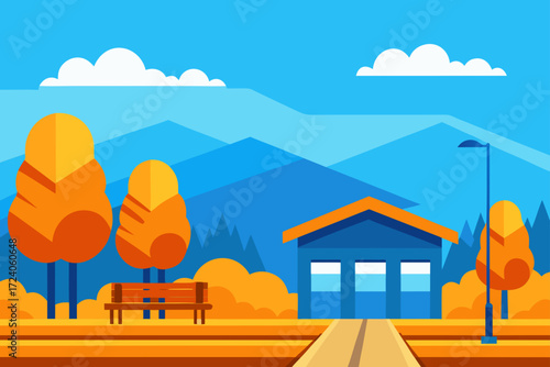 Autumn landscape with building and mountain