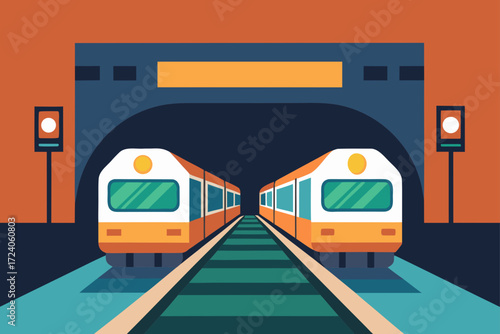 Two trains entering a dark tunnel area