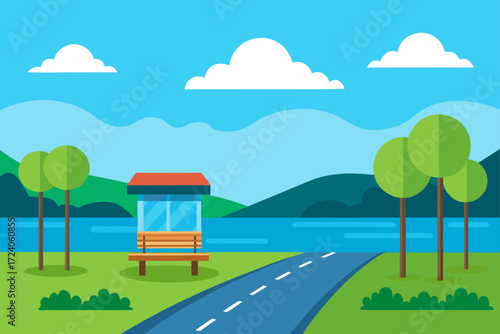 Landscape with bus stop and road near lake