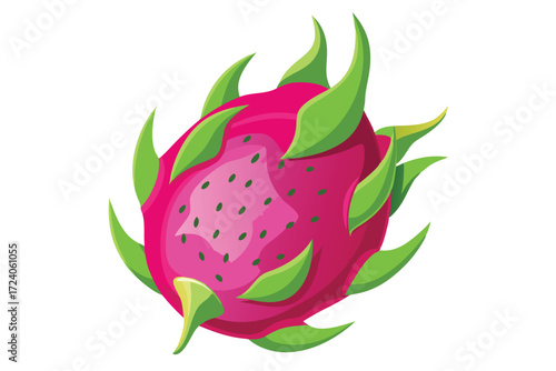 Vivid dragon fruit showcasing magenta skin and vibrant green scales against a white background