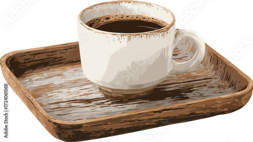 Elegant Wooden Tray with Coffee Cup Vector Illustration for Cafe Menu Design