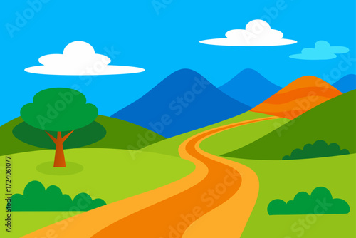 Cartoon landscape with winding road and hills