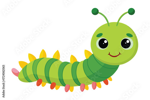 Adorable green cartoon caterpillar with big eyes and a smiling face is on display