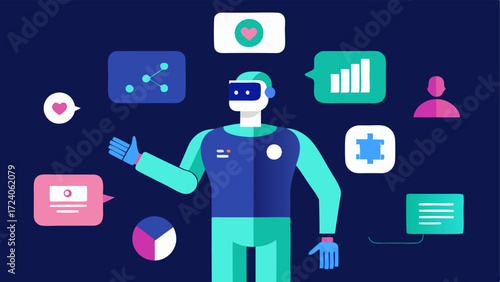 AIPowered Virtual Health Coach A virtual coach character represented by a futuristic figure guiding a person through personalized health habits and lifestyle changes using AI