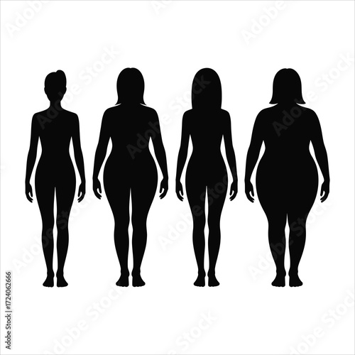 Minimalist black and white illustration of four female body silhouettes showing diverse body types and weights, vector isolated
