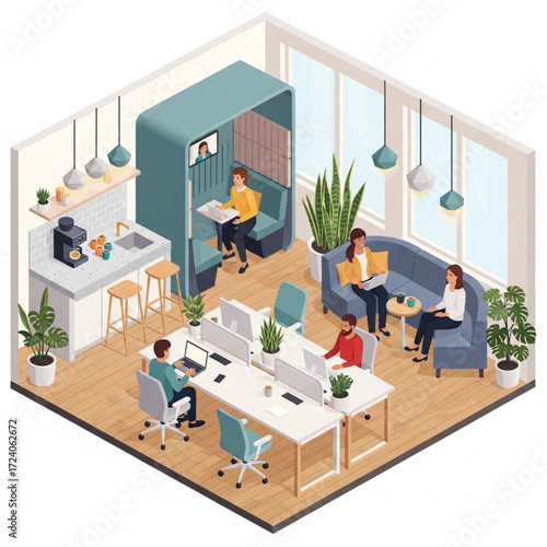 A modern co-working space with individual workstations, a private meeting booth, and a lounge area, filled with natural light and plants.