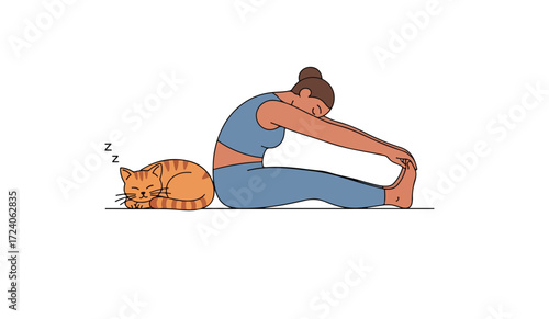 Woman in blue sportswear doing seated forward bend yoga pose with a sleeping orange tabby cat beside her.