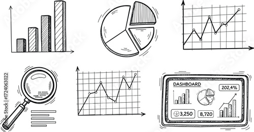 Hand drawn business charts graphs magnifying glass tablet screen vector